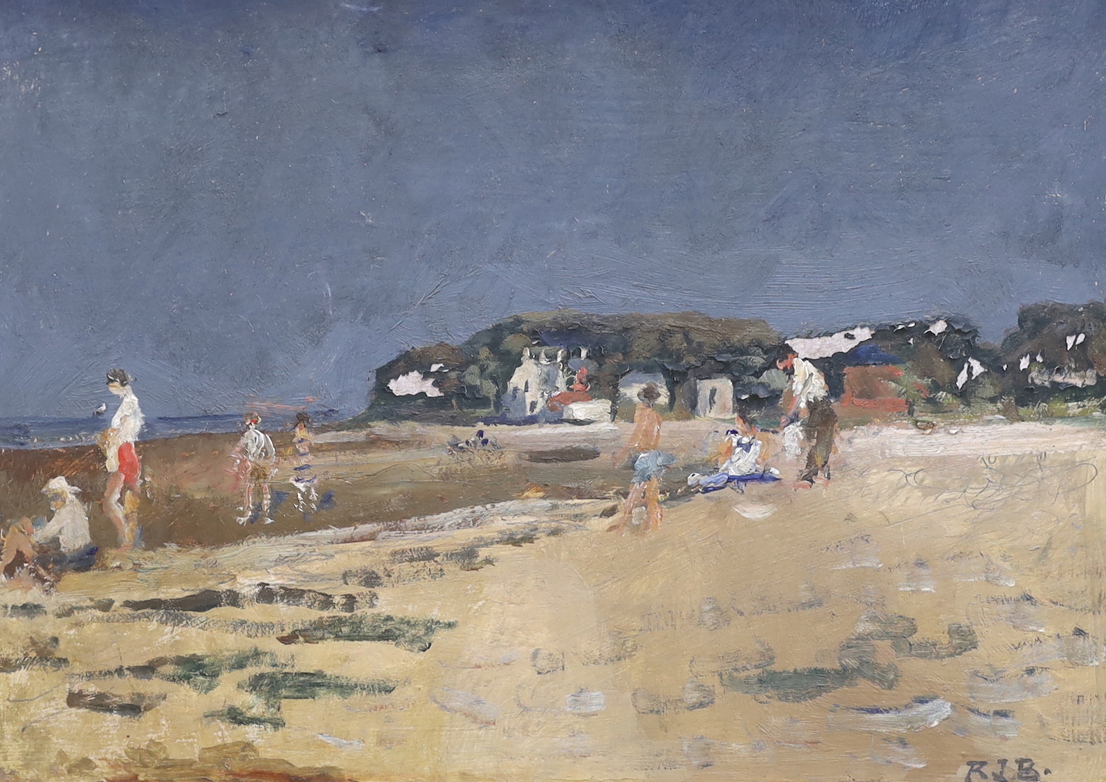 Rodney Joseph Burn RA (1899–1984), oil on board, Figures on a beach, monogrammed, 42cm x 29cm